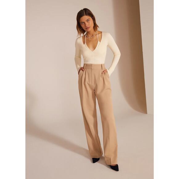 Favorite Daughter The Favorite Pant Pleated Wide Leg High Waist Beige Trouser 2 - Picture 1 of 7